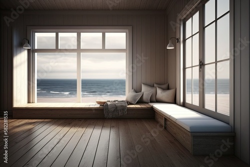 Luxury House with a Breathtaking View of the Ocean: Spacious Room with Parquet Floor, Wooden Deck and Benches. Generative AI