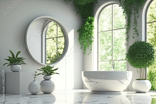 Modern Luxury: Bright Home Interior with White Marble Bathtub, Green Greenery, and Round Tables for Cosmetics Displays. Generative AI © Serhii