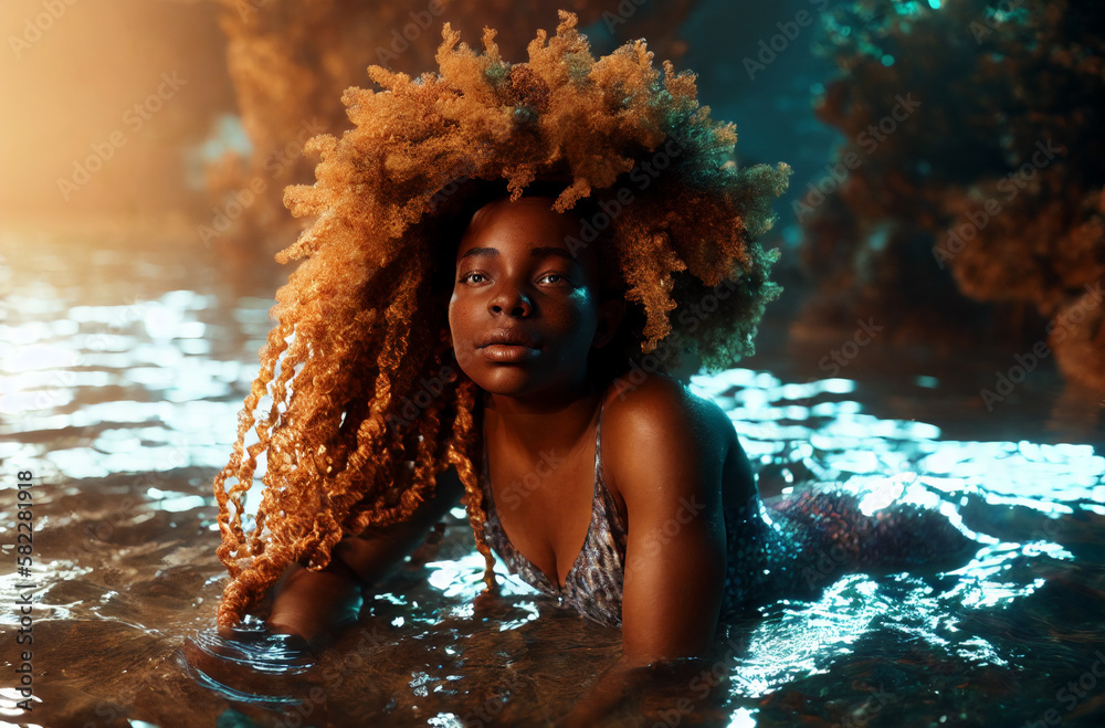 African american mermaid with gorgeous hairstyle in water. Generative AI.