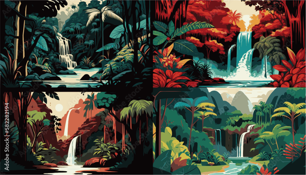  Lush Tropical Jungle with Waterfall  - obrazy, fototapety, plakaty 