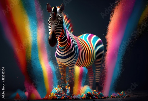 Zebra Rainbow Color Splash In Cool Style Generative AI photo