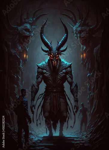 a demon standing in the middle of a tunnel  horns and red eyes  horned god  art illustration 