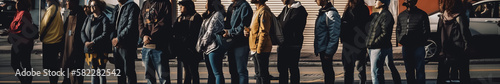 Large group of people waiting in line. Que to a shop or a sale. Wide perspective or banner. Illustrative Generative AI. Not real people.