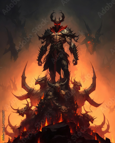 a demonic demon standing on top of a pile of skulls, diablo concept art illustration 