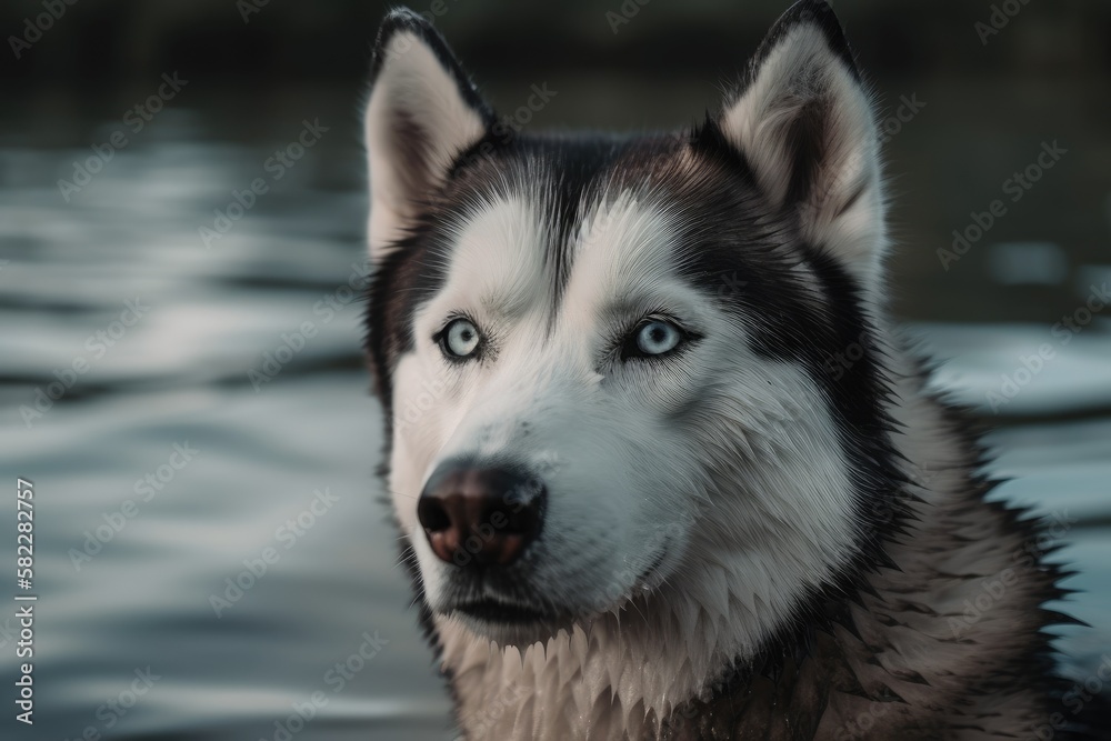a close up of a Siberian husky with a background of water. Generative AI