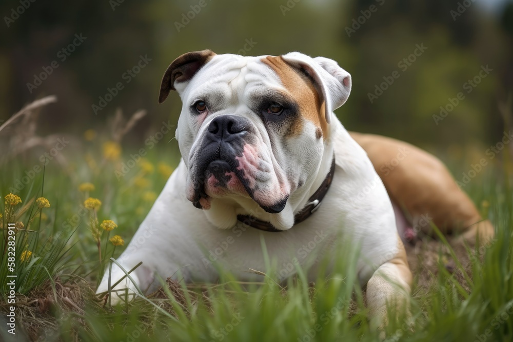 Laying in the grass is an American Bulldog. Generative AI