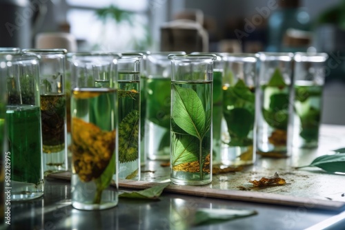 Green herbal leaves, flower scent essence solution, and natural organic extraction in a lab. Generative AI photo