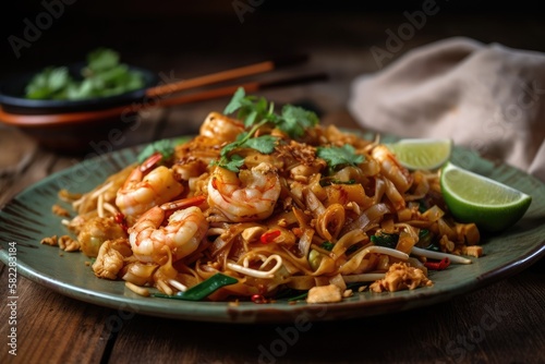Thai cuisine Stir fried noodles with shrimp in pad thai. Generative AI photo