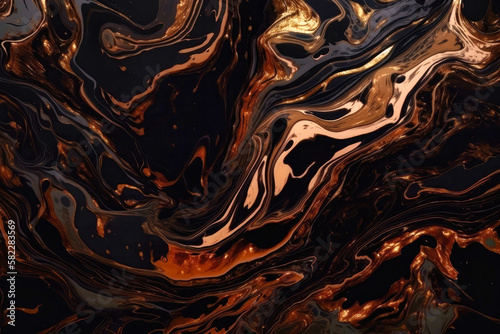 Liquid black marble with copper textures. Luxury pattern, copper, fluid illustration. Abstract melted, copper, texture - Generative AI