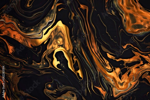 Liquid black marble with copper textures. Luxury pattern  copper  fluid illustration. Abstract melted  copper  texture - Generative AI