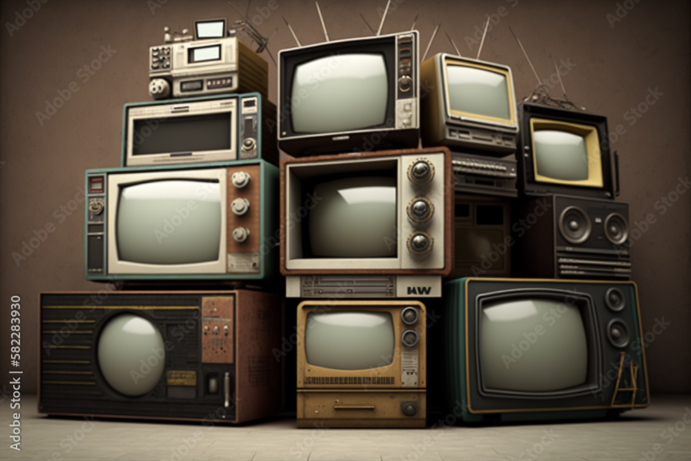 vintage old analog television stack to the wall. Generative AI Stock