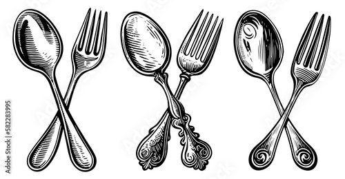 Crossed retro fork and spoon in sketch style. Generative AI, vintage illustration for restaurant or diner menu