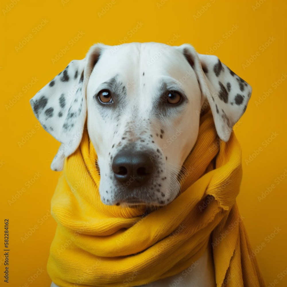 Dog in a scarf on a yellow background. Generative AI.