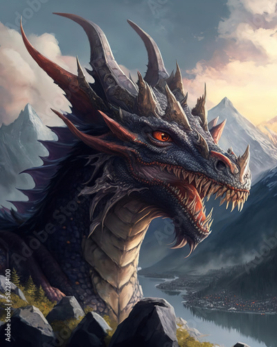 a close up of a dragon with a mountain in the background, magic fantasy art illustration  © vvalentine