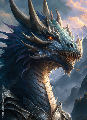 a close up of a dragon with a mountain in the background, magic fantasy art illustration  © vvalentine