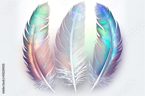 Holographic iridescent bird feathers on white background.
