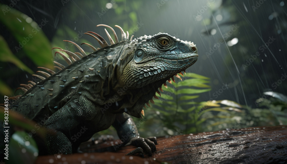 Fototapeta premium iguana in a forest in the rain and the sun