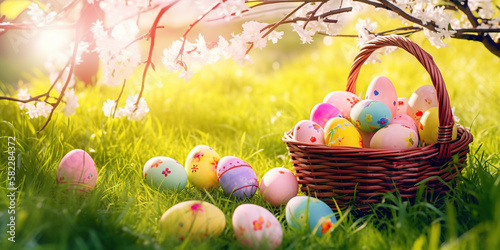 Spring easter decoration. Colorful eggs in a basket in spring sunny blooming cherry orchard. generative ai. Beautiful natural easter banner with copy space © Aquir