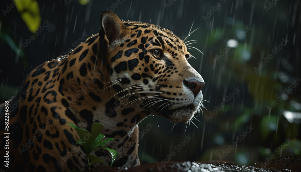 Naklejka premium a spotted jaguar in the dessert and forest. Sun shining and rain droplets falling