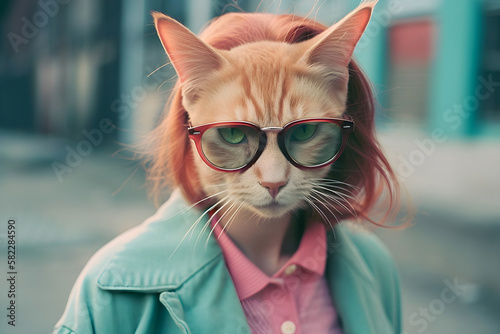 Hipster Cute Cat, Funny Art Illustration, Anthropomorphic Cats, Generative AI