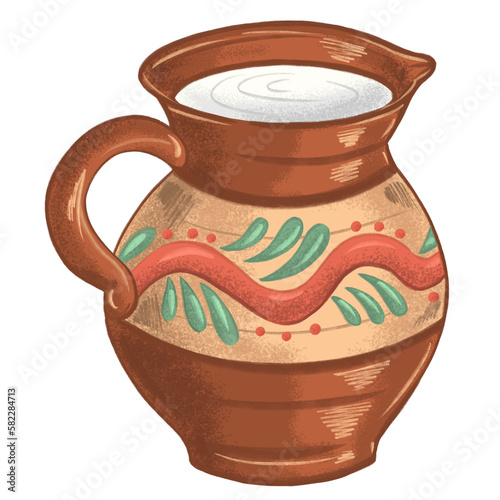 Brown clay jug with natural home milk inside. Countryside and village home concept. Illustration on white background. 