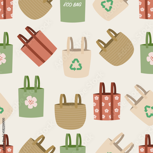 Seamless pattern with tote bags. Ecological reusable canvas bags.
