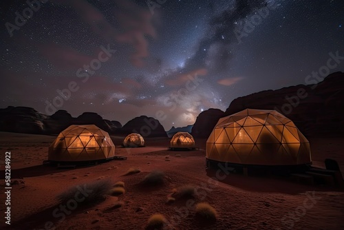 Stars above martian dome tents in Wadi Rum Desert, Jordan. Generative AI photo