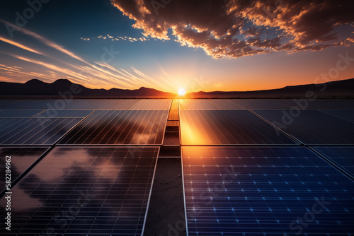 Renewable Energy: solar panels and wind turbines at sunset, harnessing the power of the natural elements to create clean energy. Ai generated. photo