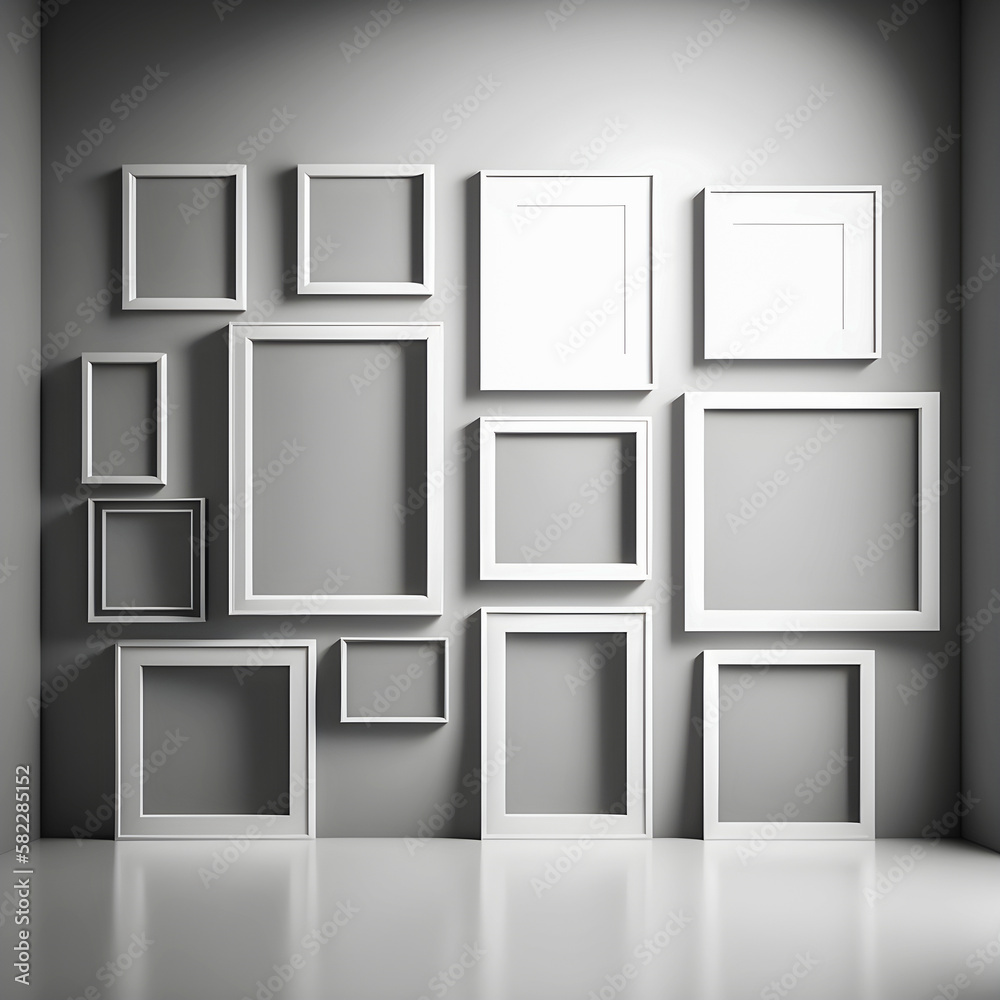 many empty frames on a white wall. Mockup for an art gallery. Pictures, banners, frames many empty frames on a white wall. Mockup for an art gallery. Pictures, banners, frames