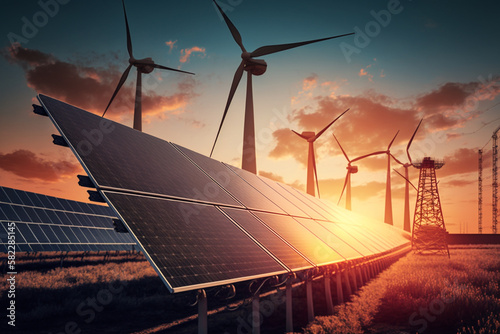 Renewable Energy: solar panels and wind turbines at sunset, harnessing the power of the natural elements to create clean energy. Ai generated.