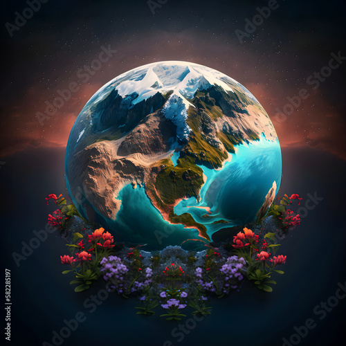 Planet earth is surrounded by flowers. earth day concept. © Natallia