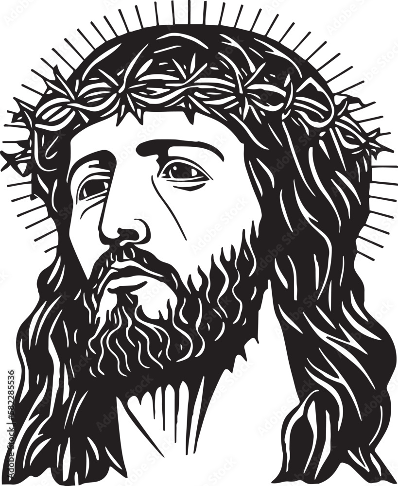 Jesus in a wreath Vector illustration, Head of Jesus Christ wearing a ...