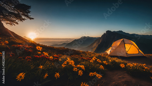 Camping tent on top of a mountain in spring  flowers  beautiful landscape by generative AI