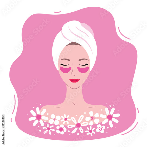 Vector illustration of a young woman applying patches and relaxing in flat style. Home care for the skin under the eyes