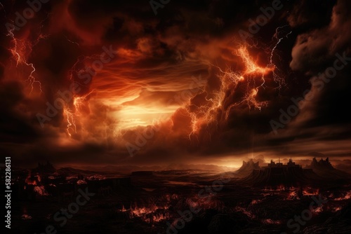 Hell realm, blinding lightning in a dark red apocalyptic sky, judgment day, the end of the world, eternal damnation, and dark, ominous shapes make up the dramatic religious background. Generative AI