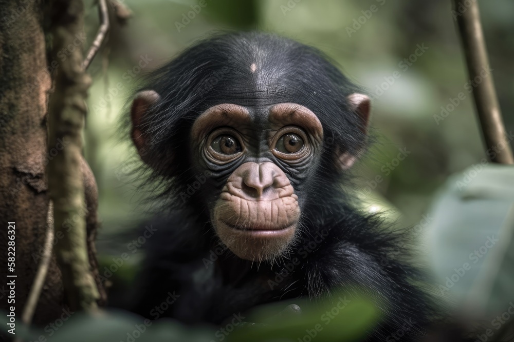 Bonobo the chimpanzee cub in its native environment. natural background of green. Detailed portrait. The pygmy chimpanzee, also known as the bonobo (Pan paniscus). Congo, Democratic Republic of. Afric Bonobo the chimpanzee cub in its native environment. natural background of green. Detailed portrait. The pygmy chimpanzee, also known as the bonobo (Pan paniscus). Congo, Democratic Republic of. Afric