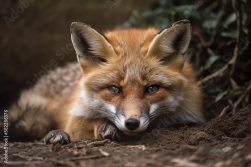 In the aviary at the zoo, a young fox is curled up on the ground. Generative AI © AkuAku