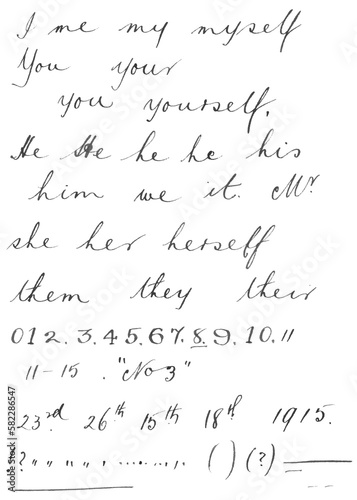 Handwritten words in ink on paper in elegant copperplate script - pronouns, digits and punctuation