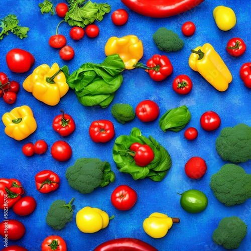 blue Flat flooring composition with fresh fruits and vegetables on a color background - generative ai