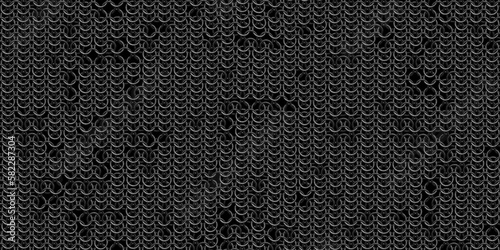 Seamless grungy dark black chain mail background texture. Tileable steel gray medieval military hauberk metal rings chainmail armor cosplay repeat pattern. High resolution backdrop 3D rendering.