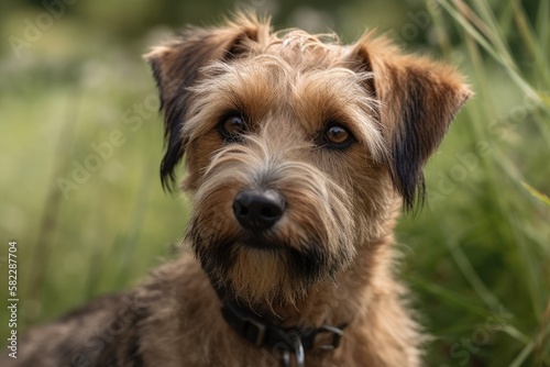 Photograph of a mixed breed dog that is focused on the lens. Generative AI