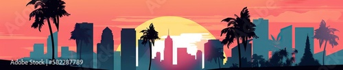 Beach City Skyline, Wide format for Banners or another purposes, with buildings, palms, sunset, beach, street, with vintage colors from the 80's, generative ai photo