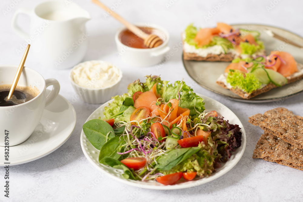 healthy food, salad with salmon