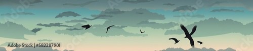 Wide Sky Horizon Ilustration Design, with flying birds, for banners, footers, or another purposes, beautiful colors between sky, clouds, birds, and the sun, generative ai