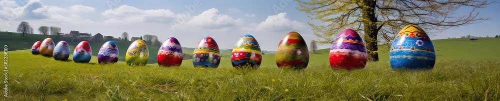 Fototapeta premium A row of easter eggs with colourful designs, celebrating Easter, over a beautiful field on a sunny day, wide resolution for banners of specific designs, generative ai