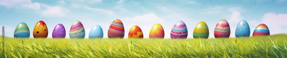 A row of easter eggs with colourful designs, celebrating Easter, over a beautiful field on a sunny day, wide resolution for banners of specific designs, generative ai