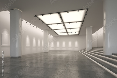 Abstract interior design 3D rendering of modern showroom. Empty concrete floor and white wall background. 