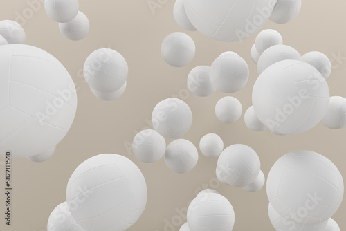 3d rendering of random volleyballs, volleyball on a beige background, 3d volleyball sports background. 