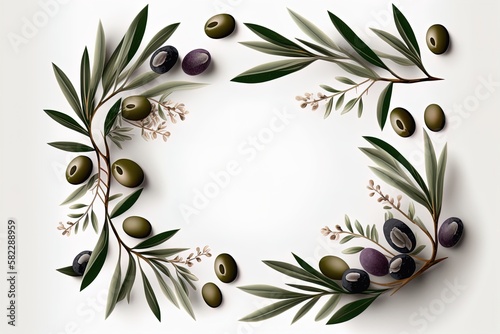 Olive leaves and berries frame on white background with empty space for fresh organic product placement.