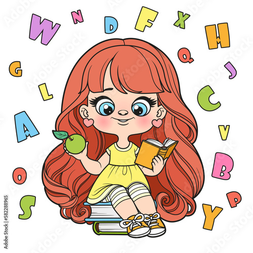 Cute cartoon longhaired girl sit on textbooks and read color variation for coloring page on a white background
